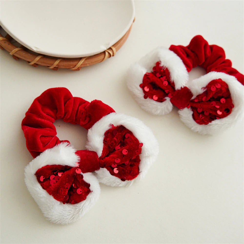 Christmas Style Red Hair Rope Sequin Bowknot Large Intestine Hair Ring Simple Hair Accessories Soft Plush Ponytail Holder