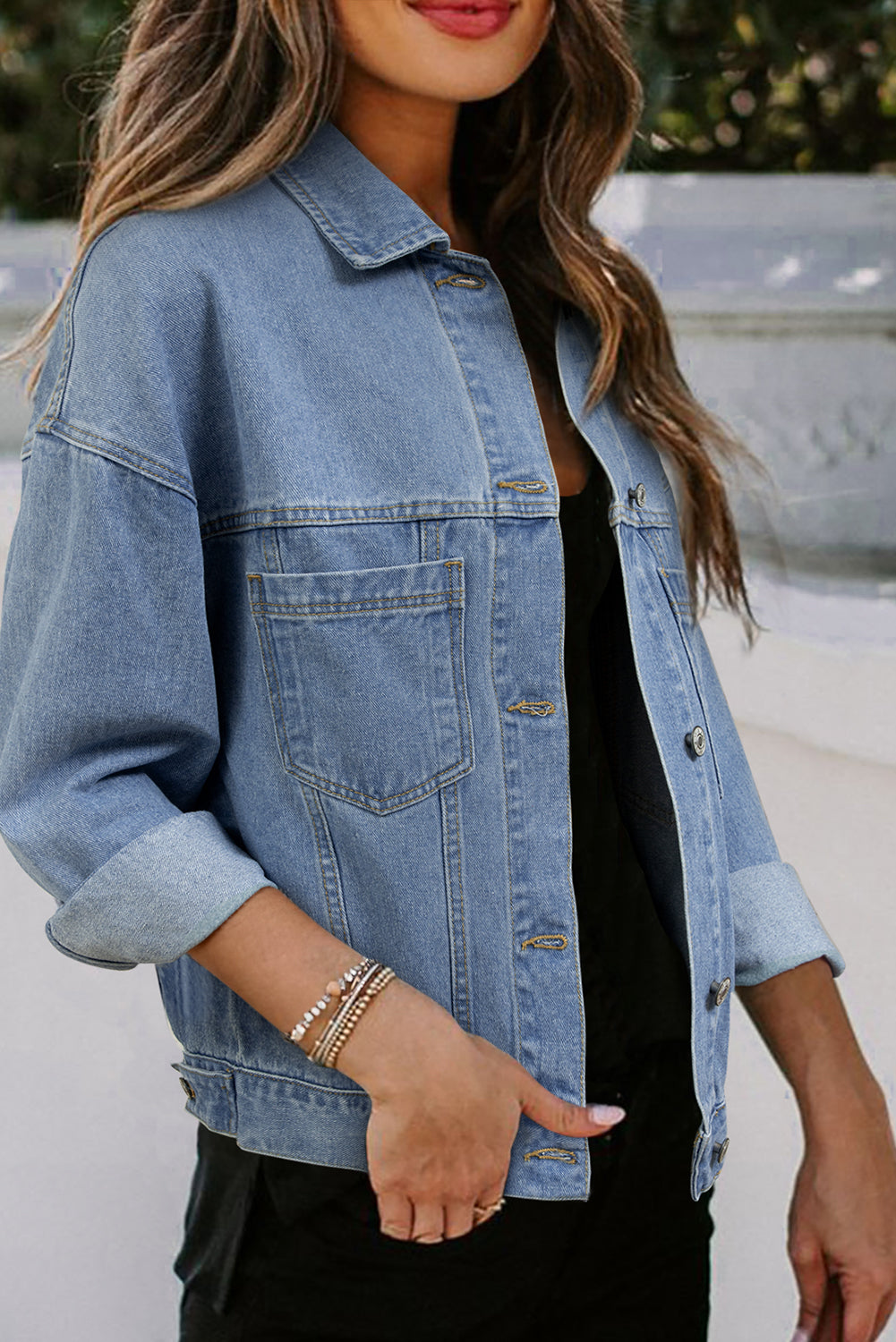 Sky Blue Stripe Washed Oversized Pocketed Denim Jacket