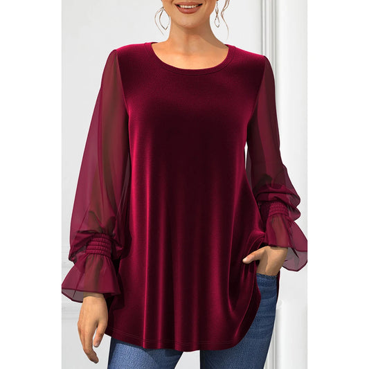 Plus Size Fall Winter Casual Burgundy Velvet Chiffon Patchwork Lantern Sleeve Round-neck Elastic Cuff Blouse for Women 2024