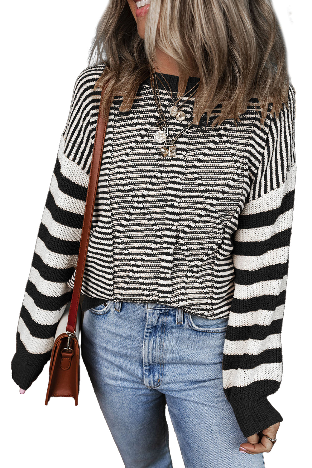 Gray Stripe Twisted Knitted Drop Shoulder Sweater