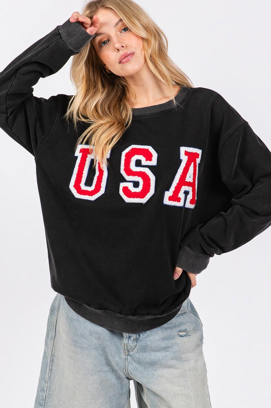 Sage + Fig USA Letter Patch Round Neck Sweatshirt