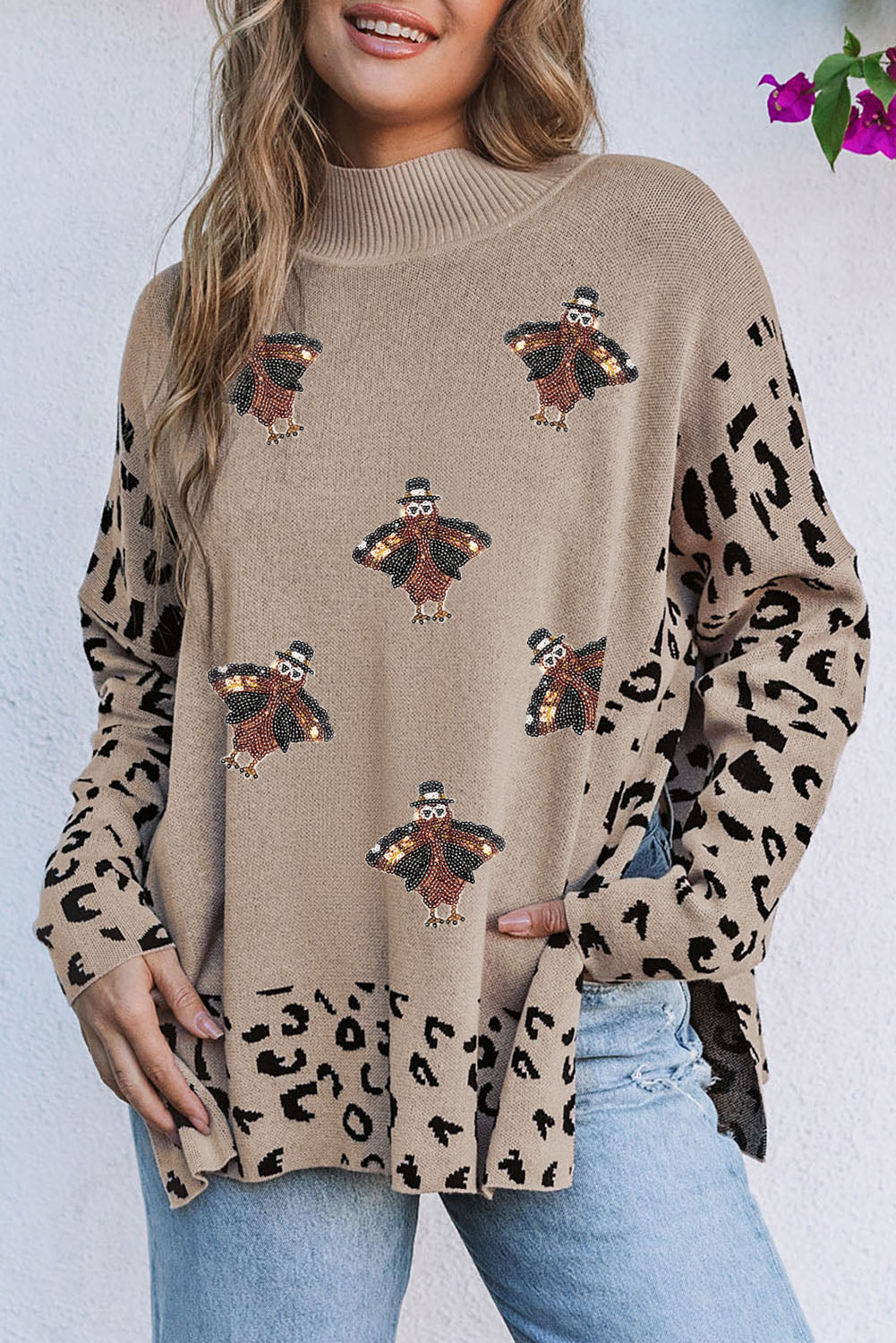 Khaki Sequin Turkey Leopard Mixed Pattern High Neck Sweater