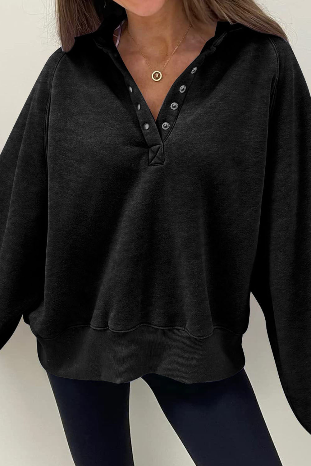 Black Snap Buttons Collared Balloon Sleeve Oversized Sweatshirt