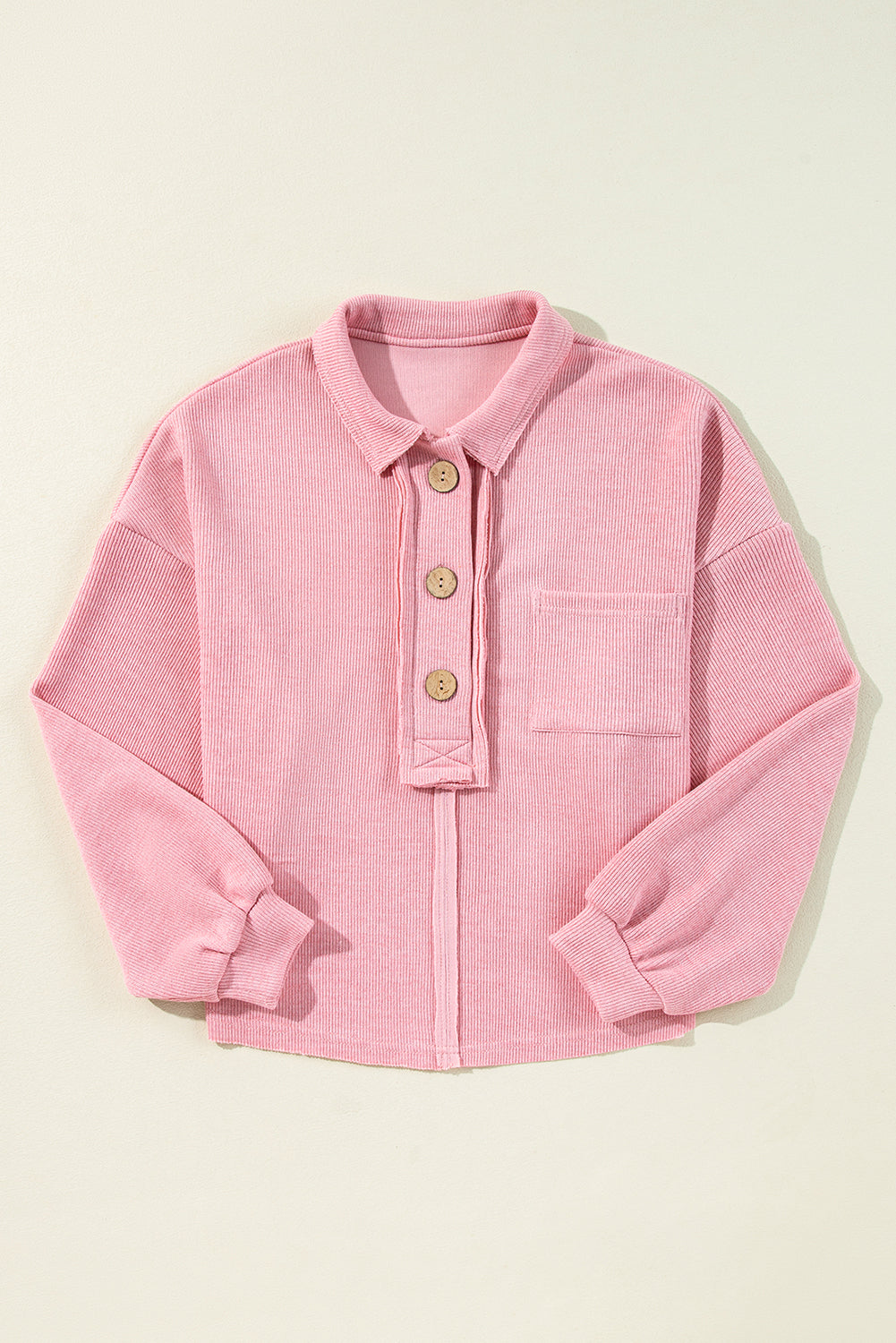 Pink Chest Pocket Ribbed Collared Henley Top