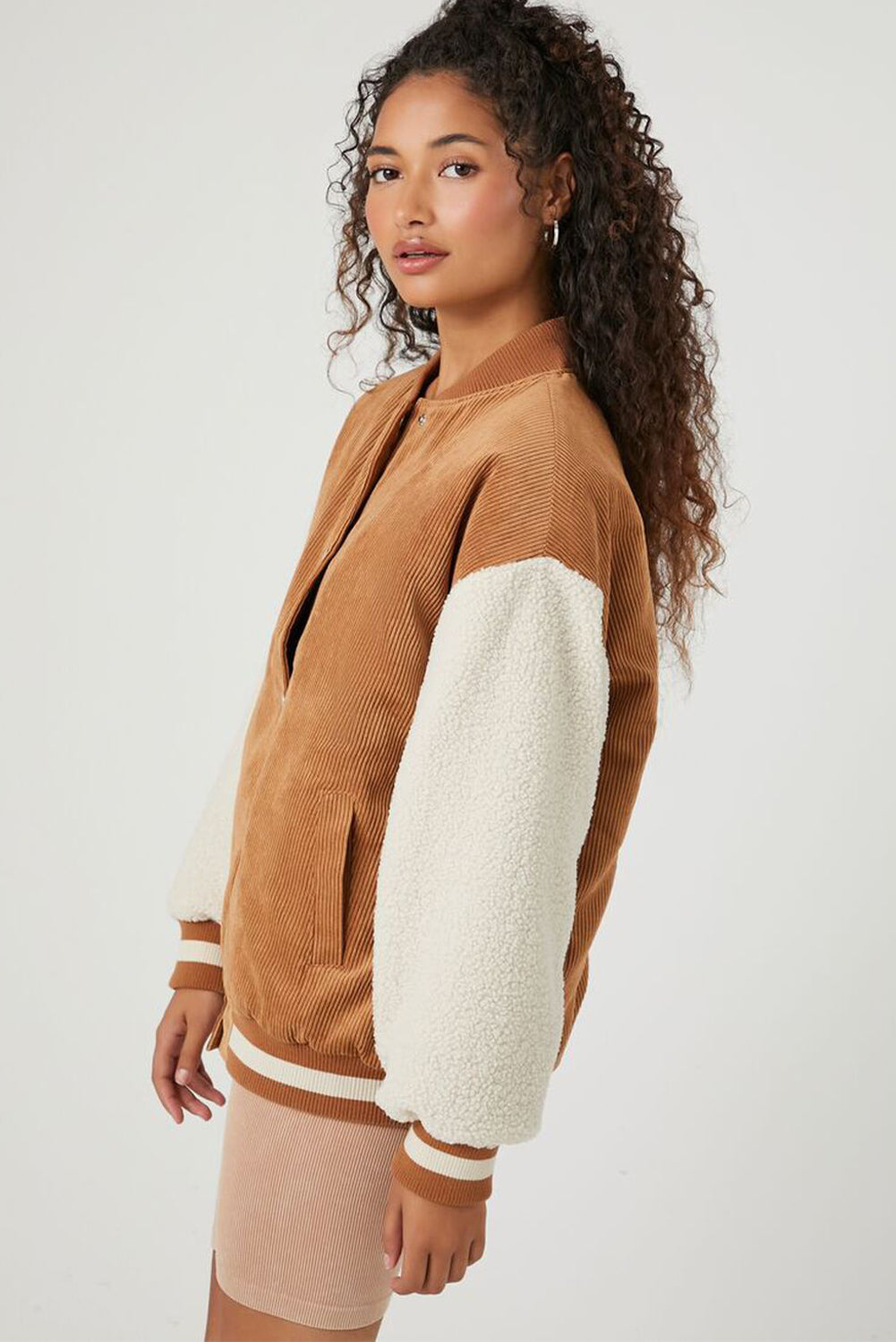 Mist Green Corduroy Fleece Patchwork Buttoned Bomber Coat