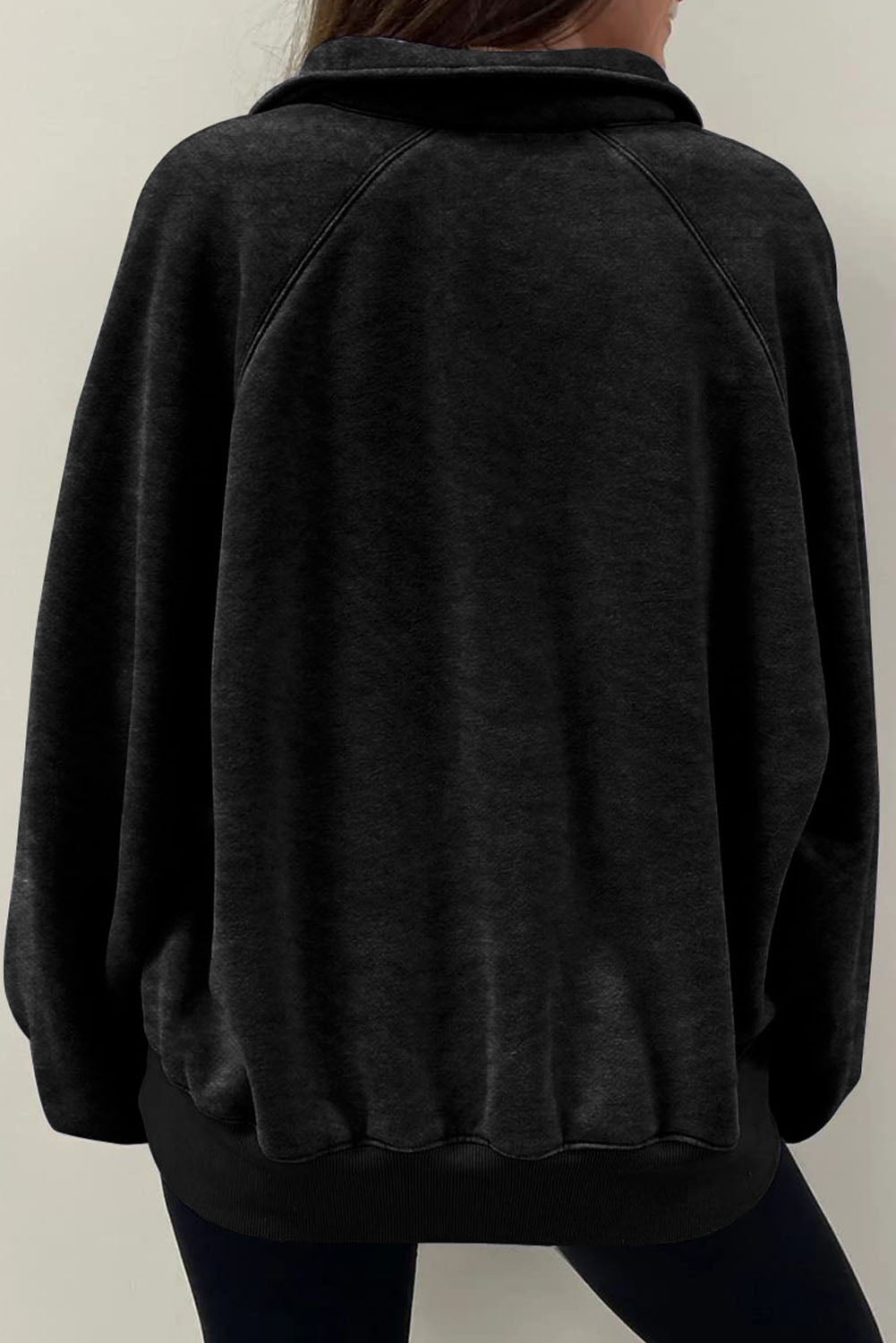 Black Snap Buttons Collared Balloon Sleeve Oversized Sweatshirt