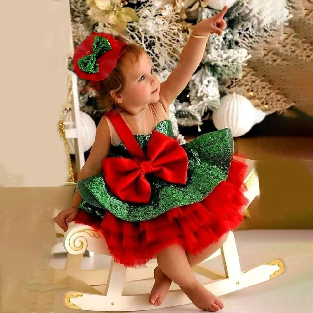 Carnival Red Bow Christmas Girls Dresses Cosplay Costumes Sequin Party Birthday Princess Dress for Kids Tulle Halloween Clothing