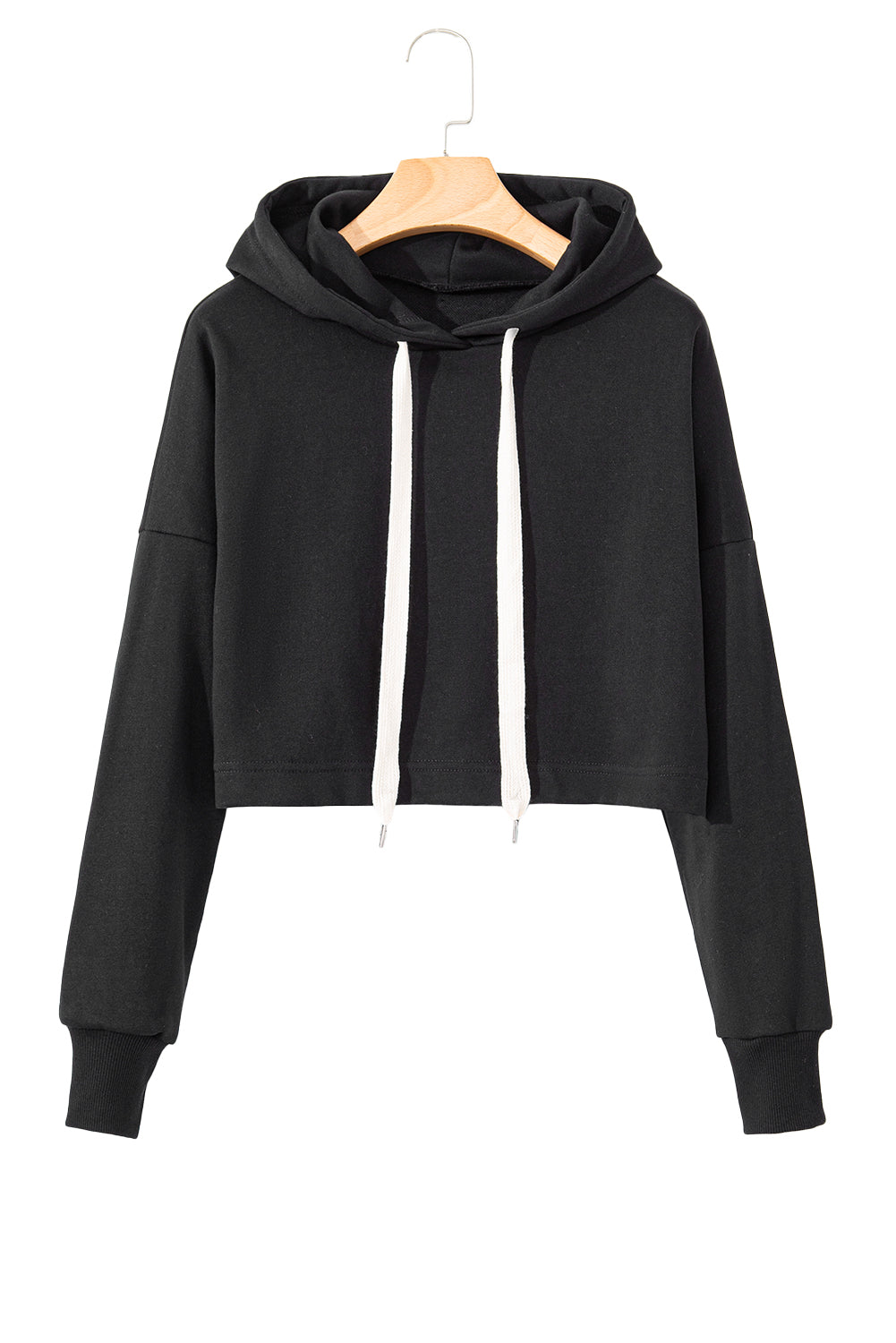 Black Drop Shoulder Drawstring Cropped Hoodie