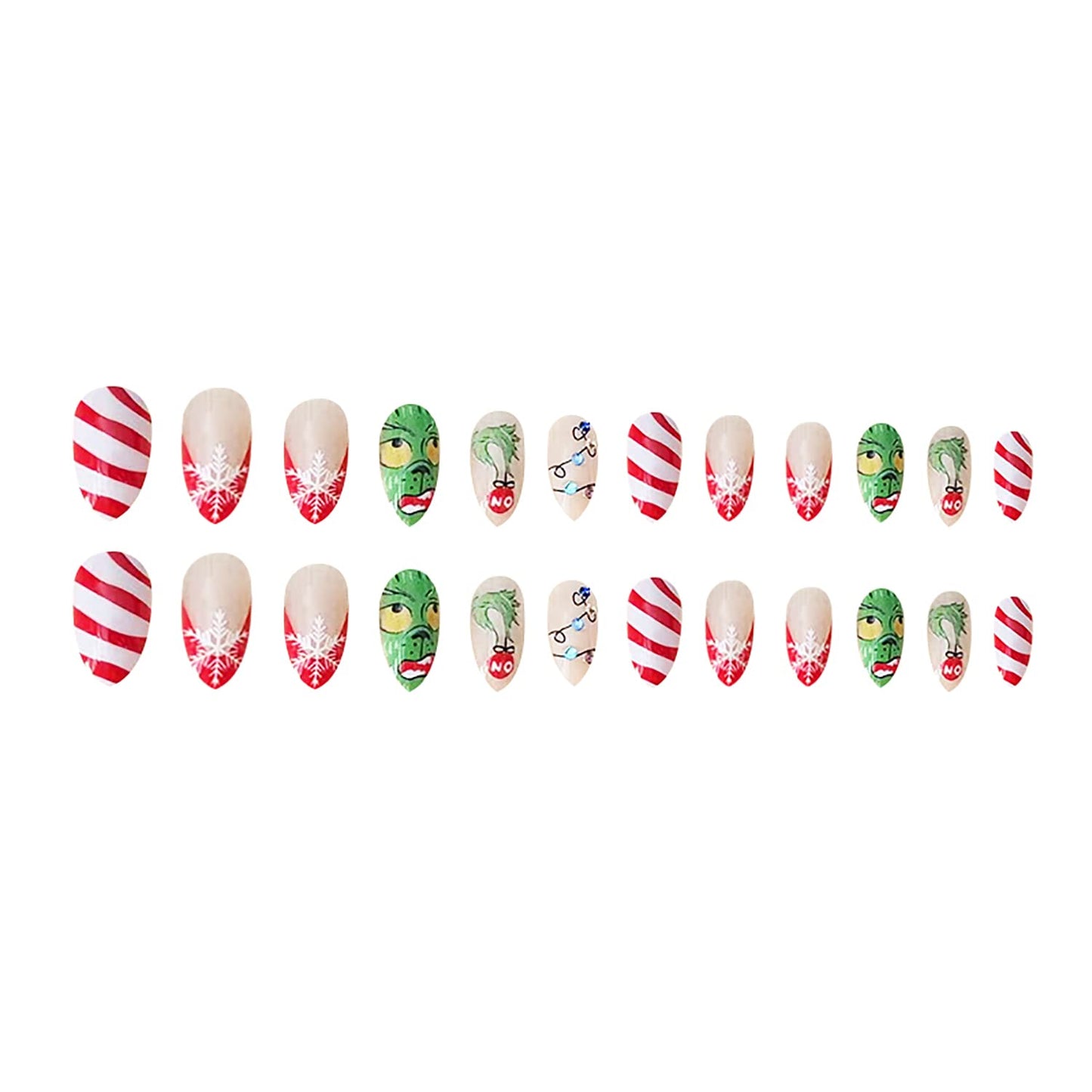 Christmas Fake Nails Short Square Petite Press on Nails Winter Xmas Acrylic Nails Full Cover False Nails with Green Monster Designs Cute Red Stick on Nails Gloss Artificial Nails for Women Manicure