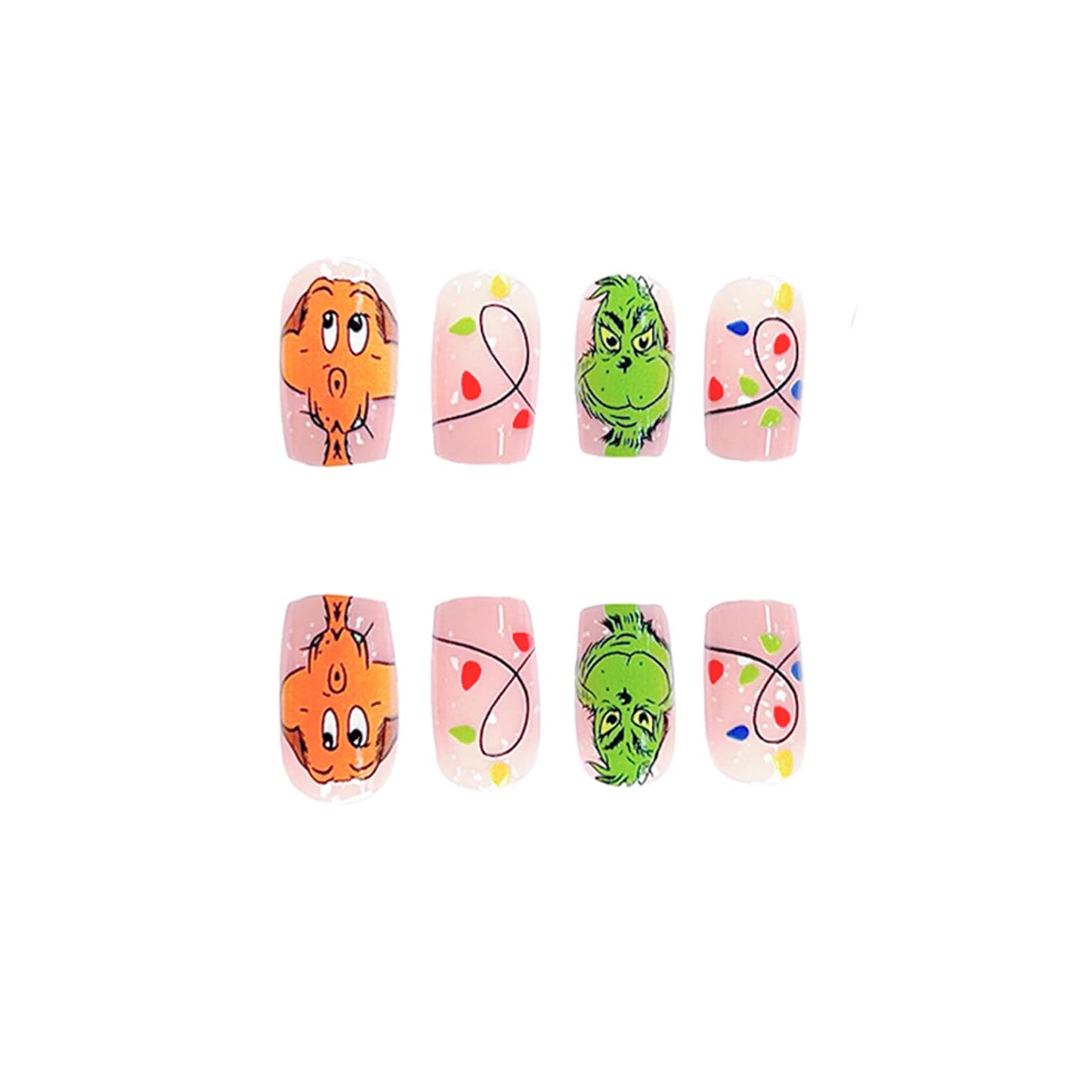 Christmas Fake Nails Short Square Petite Press on Nails Winter Xmas Acrylic Nails Full Cover False Nails with Green Monster Designs Cute Red Stick on Nails Gloss Artificial Nails for Women Manicure