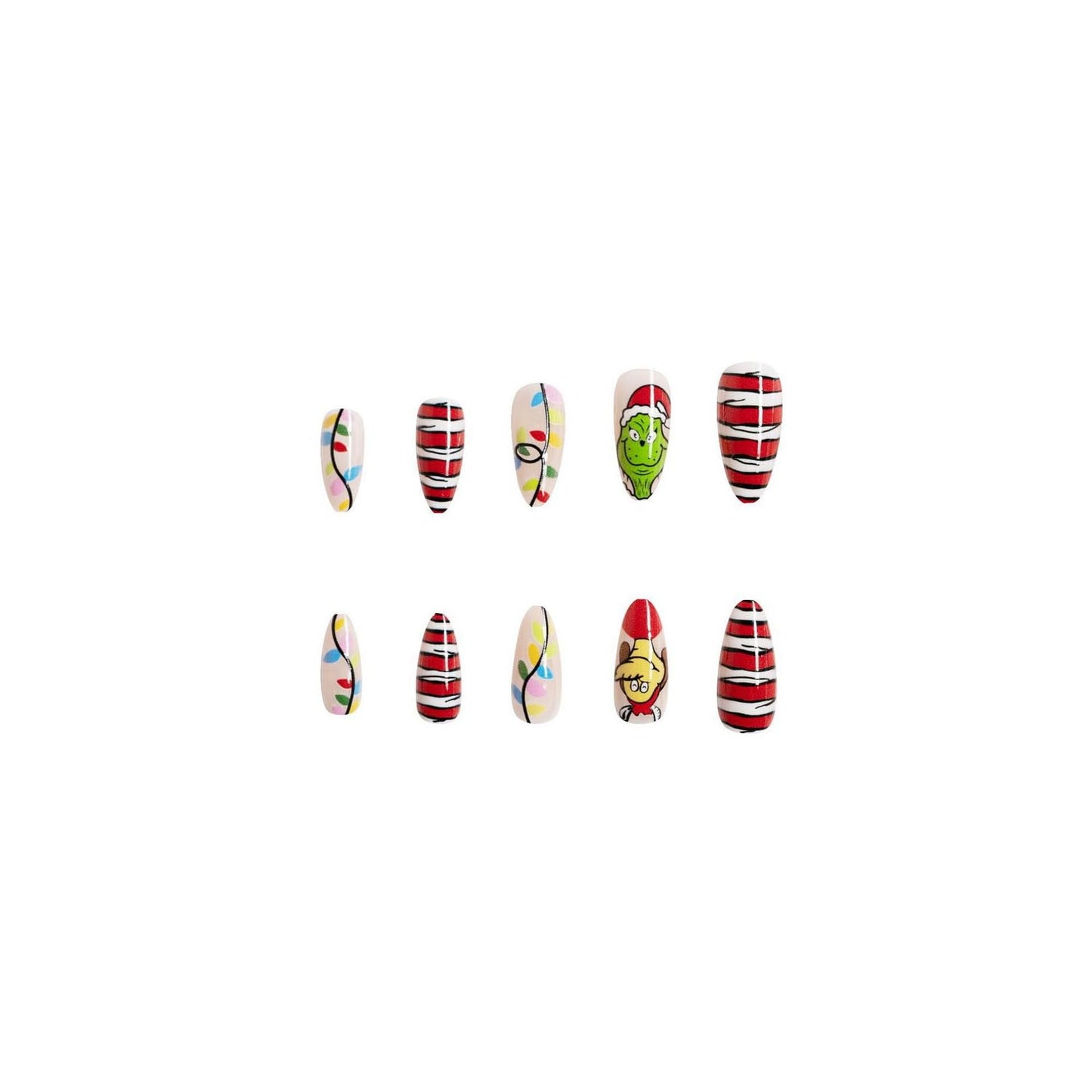 Christmas Fake Nails Short Square Petite Press on Nails Winter Xmas Acrylic Nails Full Cover False Nails with Green Monster Designs Cute Red Stick on Nails Gloss Artificial Nails for Women Manicure