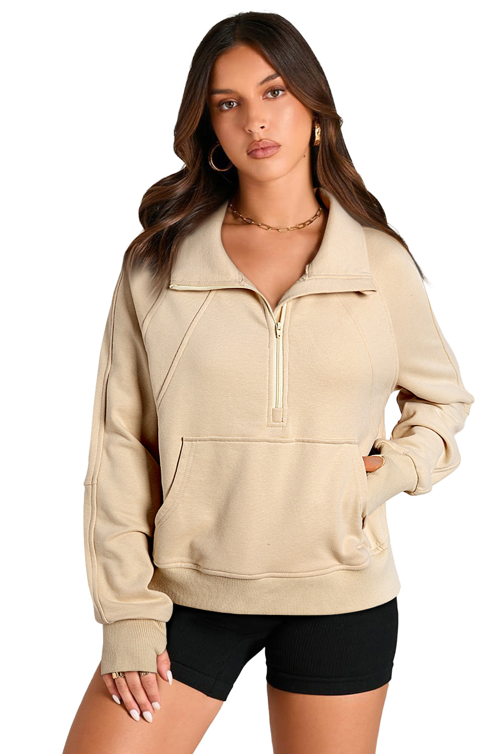 Black Quarter Zip Stand Neck Kangaroo Pocket Sweatshirt