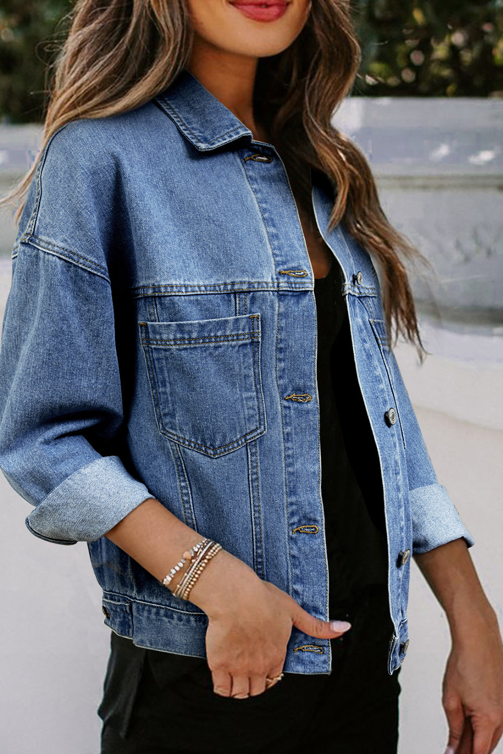 Sky Blue Stripe Washed Oversized Pocketed Denim Jacket