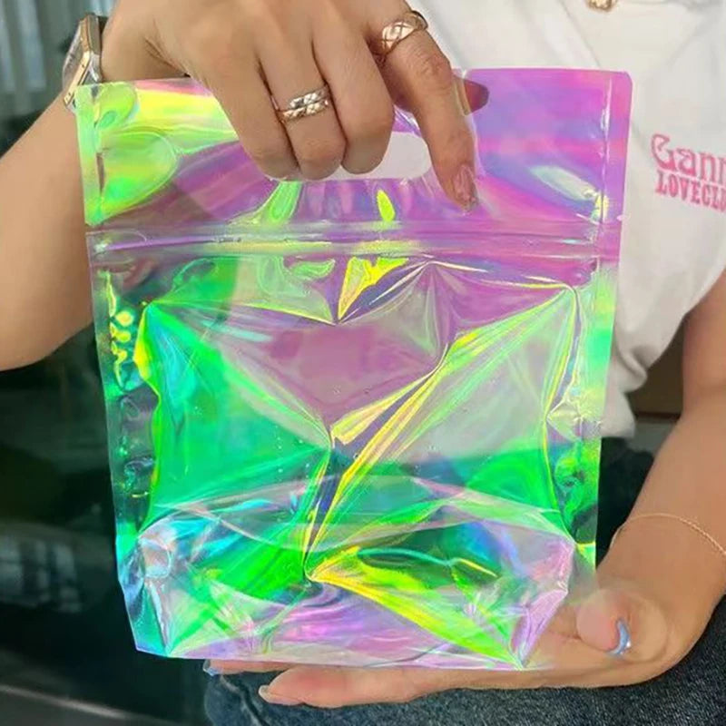 Resealable Stand Up Portable Plastic Holographic Zip Lock Bag Cosmetics Snack Candy Party Wedding Gifts Laser Packaging Pouches