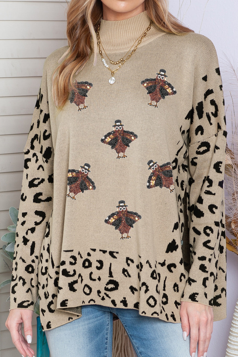 Khaki Sequin Turkey Leopard Mixed Pattern High Neck Sweater