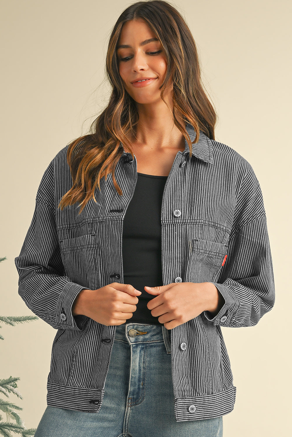 Sky Blue Stripe Washed Oversized Pocketed Denim Jacket