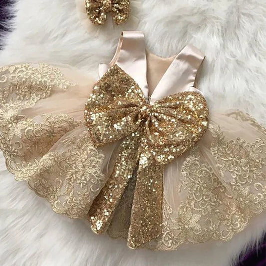 Summer New Girl Baby Wedding Dress Big Bow Sequin Solid School Ball Evening Dress Christmas Birthday Party Dress