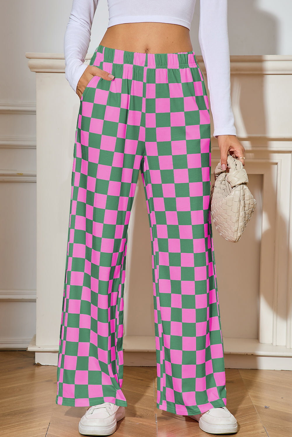 Bonbon Checkered Print High Waist Wide Leg Pants