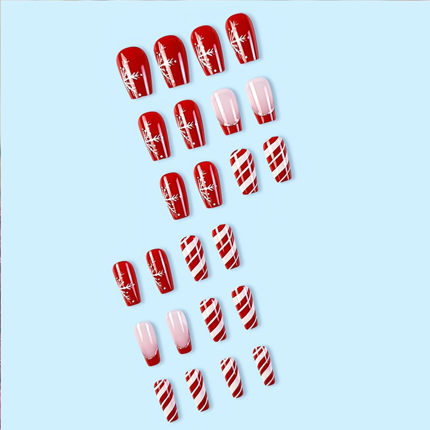 TULOBI Christmas Press on Nails Medium Coffin Fake Nails with Christmas Tree Designs Glitter Glue on Nails Xmas Design Green and Red Stripes Full Cover False Nails Artificial Acrylic Nails 24pcs