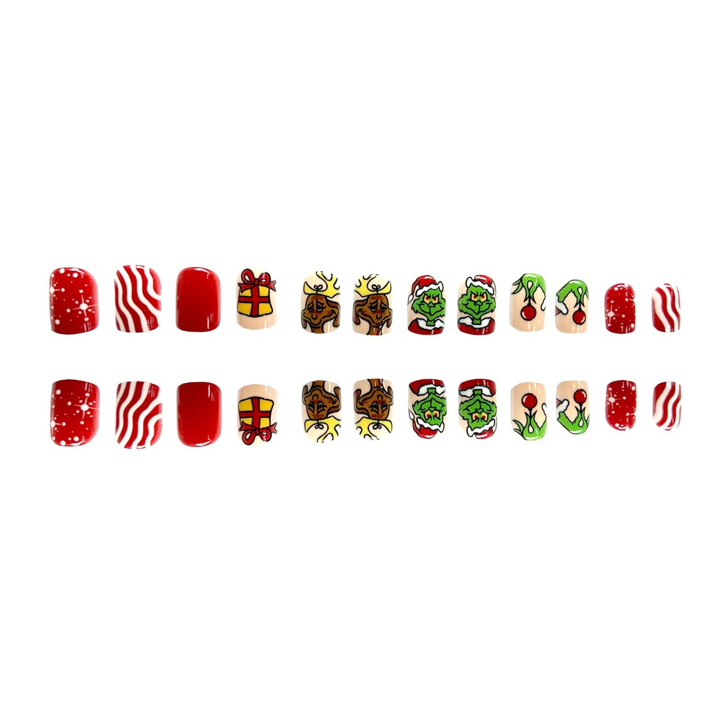 Christmas Fake Nails Short Square Petite Press on Nails Winter Xmas Acrylic Nails Full Cover False Nails with Green Monster Designs Cute Red Stick on Nails Gloss Artificial Nails for Women Manicure