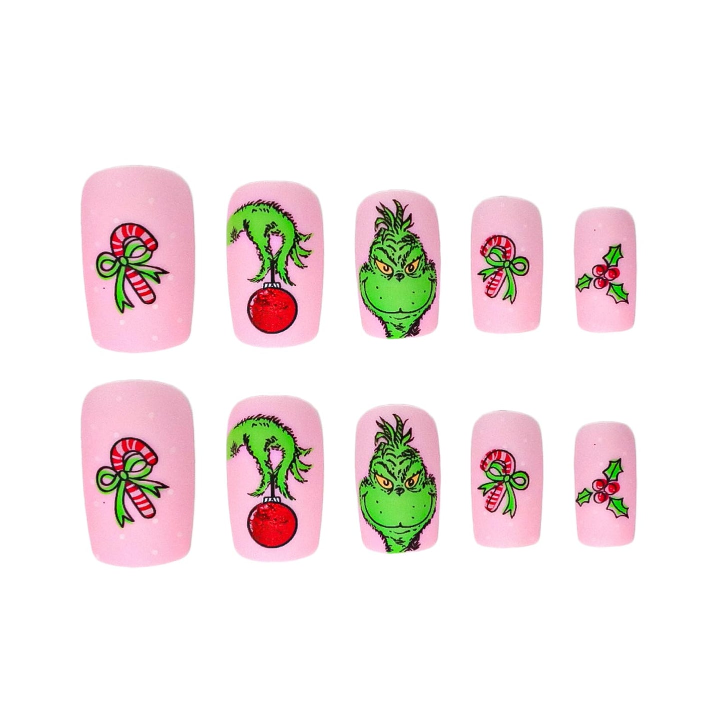 Christmas Fake Nails Short Square Petite Press on Nails Winter Xmas Acrylic Nails Full Cover False Nails with Green Monster Designs Cute Red Stick on Nails Gloss Artificial Nails for Women Manicure