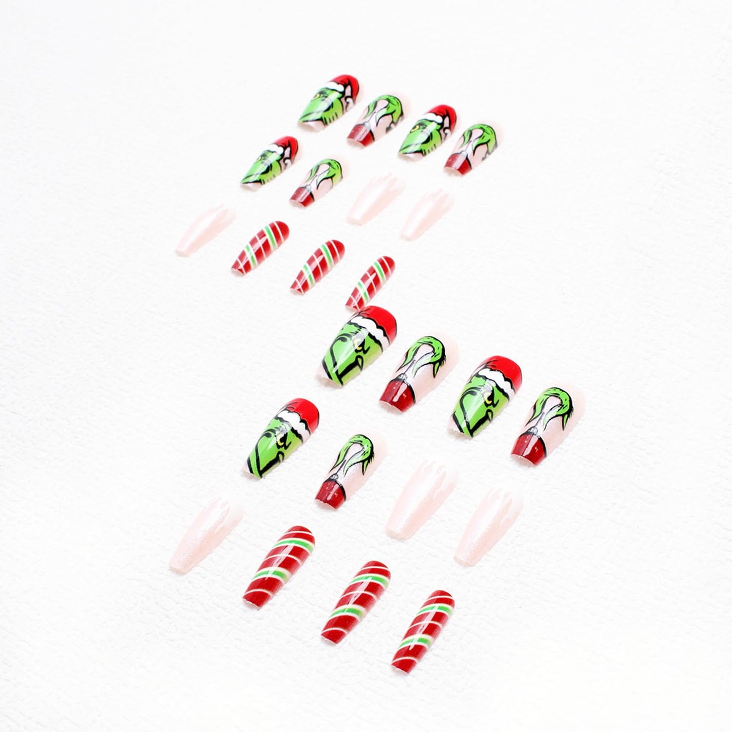 Christmas Fake Nails Short Square Petite Press on Nails Winter Xmas Acrylic Nails Full Cover False Nails with Green Monster Designs Cute Red Stick on Nails Gloss Artificial Nails for Women Manicure