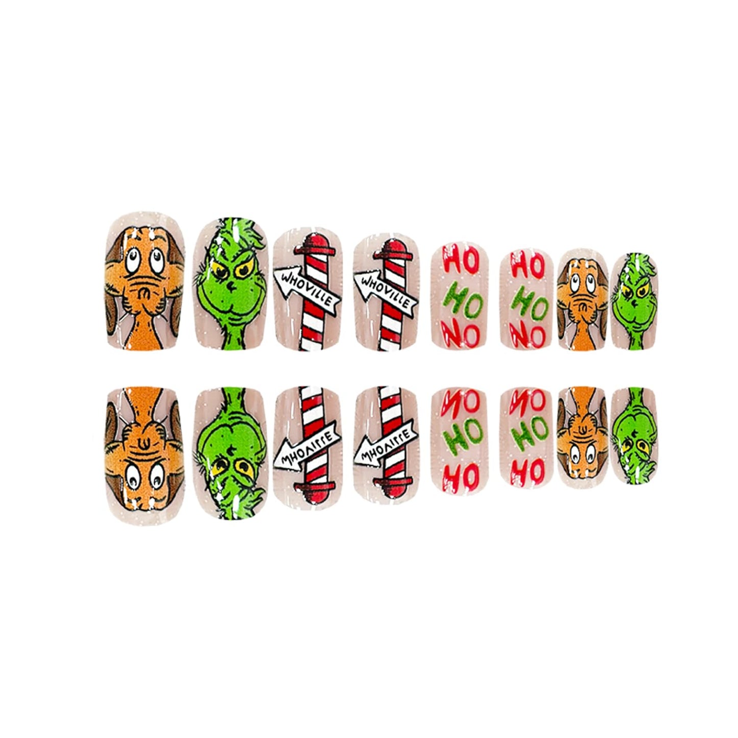 Christmas Fake Nails Short Square Petite Press on Nails Winter Xmas Acrylic Nails Full Cover False Nails with Green Monster Designs Cute Red Stick on Nails Gloss Artificial Nails for Women Manicure