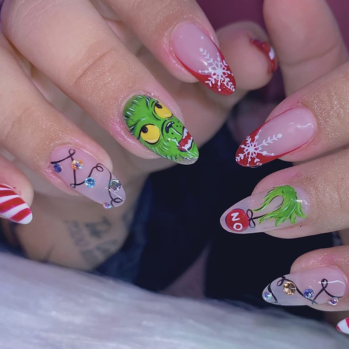 Christmas Fake Nails Short Square Petite Press on Nails Winter Xmas Acrylic Nails Full Cover False Nails with Green Monster Designs Cute Red Stick on Nails Gloss Artificial Nails for Women Manicure