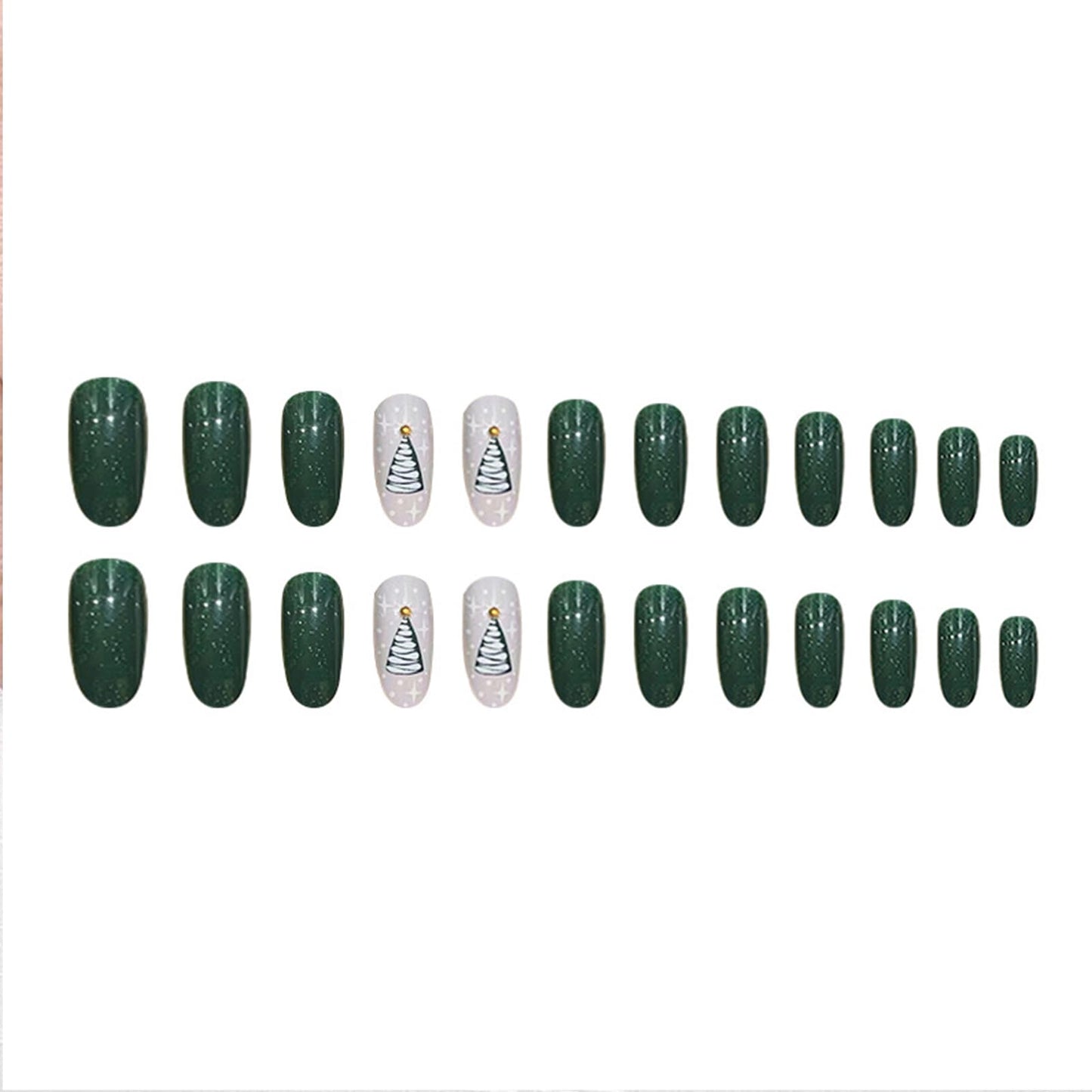 TULOBI Christmas Press on Nails Medium Coffin Fake Nails with Christmas Tree Designs Glitter Glue on Nails Xmas Design Green and Red Stripes Full Cover False Nails Artificial Acrylic Nails 24pcs