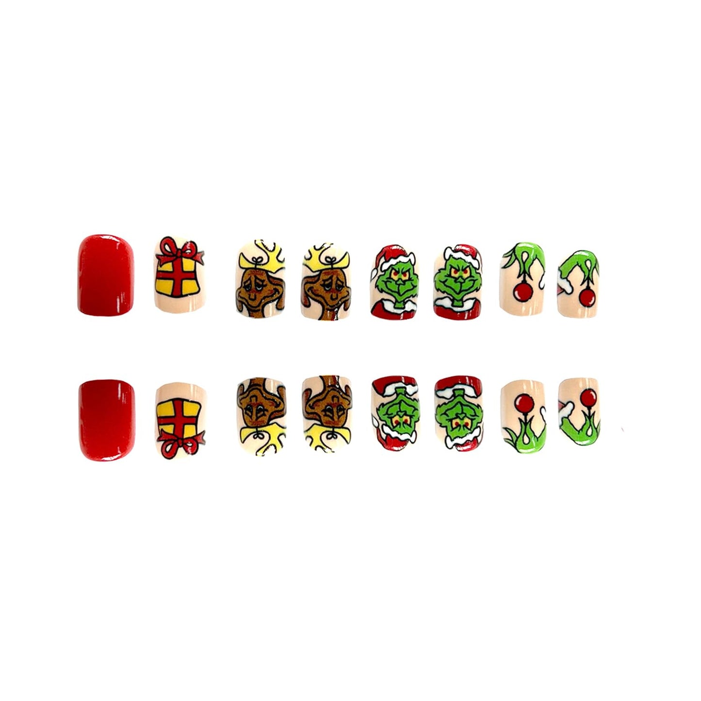 Christmas Fake Nails Short Square Petite Press on Nails Winter Xmas Acrylic Nails Full Cover False Nails with Green Monster Designs Cute Red Stick on Nails Gloss Artificial Nails for Women Manicure