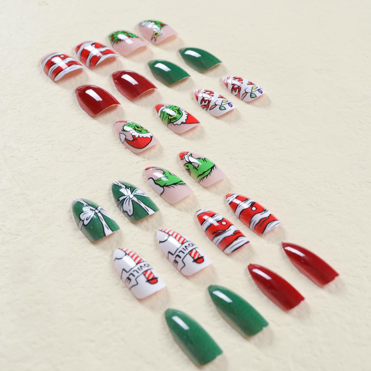 Christmas Fake Nails Short Square Petite Press on Nails Winter Xmas Acrylic Nails Full Cover False Nails with Green Monster Designs Cute Red Stick on Nails Gloss Artificial Nails for Women Manicure