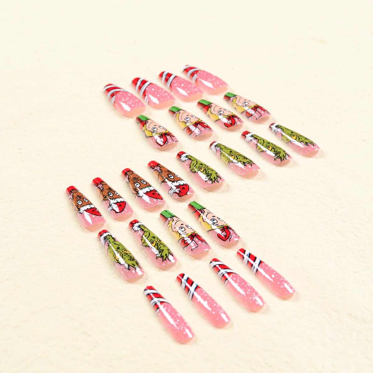 Christmas Fake Nails Short Square Petite Press on Nails Winter Xmas Acrylic Nails Full Cover False Nails with Green Monster Designs Cute Red Stick on Nails Gloss Artificial Nails for Women Manicure