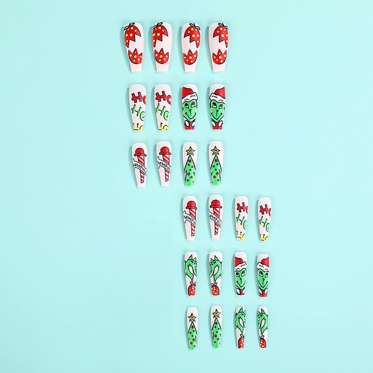 Christmas Fake Nails Short Square Petite Press on Nails Winter Xmas Acrylic Nails Full Cover False Nails with Green Monster Designs Cute Red Stick on Nails Gloss Artificial Nails for Women Manicure