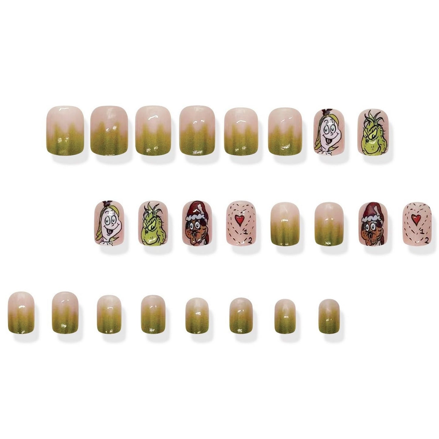 Christmas Fake Nails Short Square Petite Press on Nails Winter Xmas Acrylic Nails Full Cover False Nails with Green Monster Designs Cute Red Stick on Nails Gloss Artificial Nails for Women Manicure