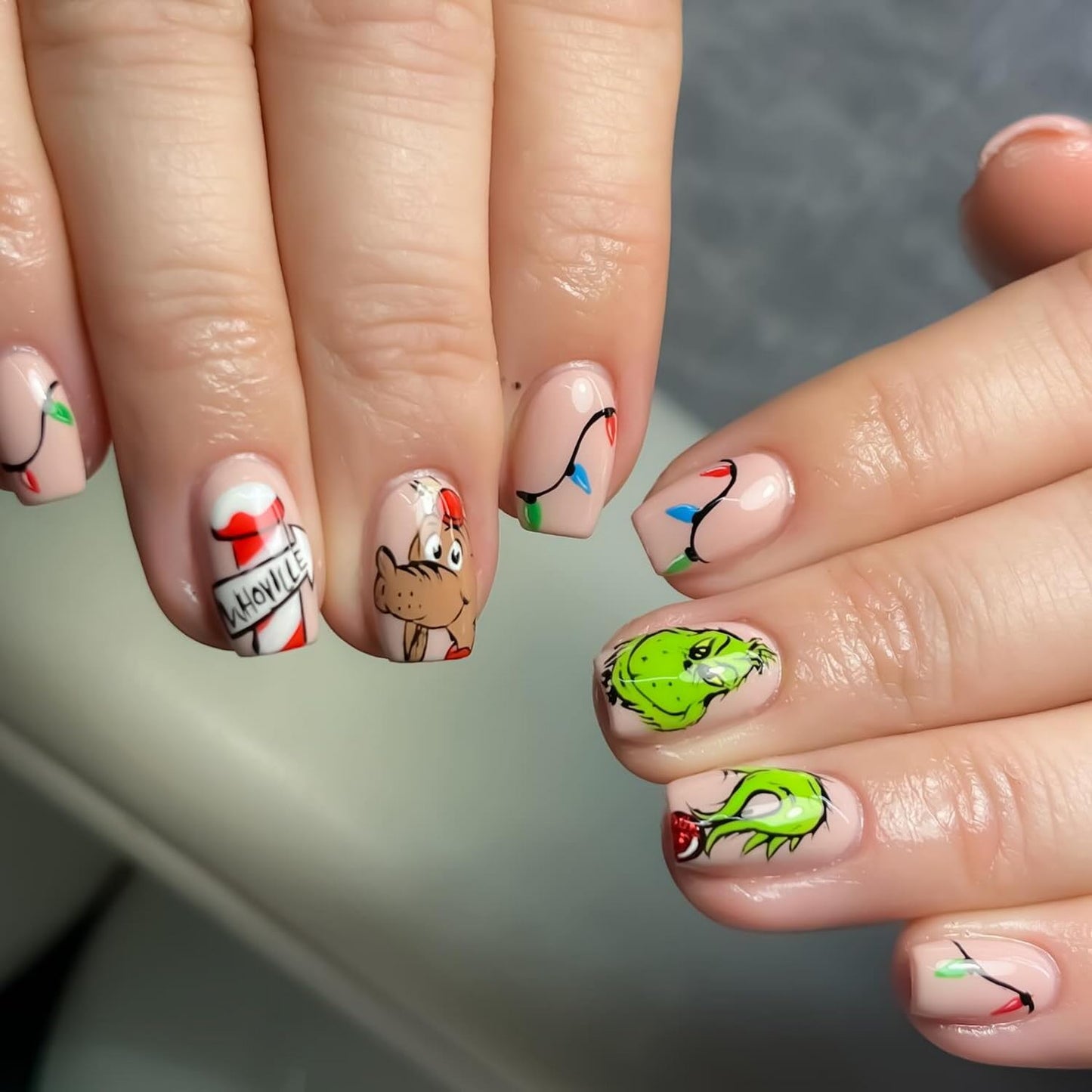 Christmas Fake Nails Short Square Petite Press on Nails Winter Xmas Acrylic Nails Full Cover False Nails with Green Monster Designs Cute Red Stick on Nails Gloss Artificial Nails for Women Manicure