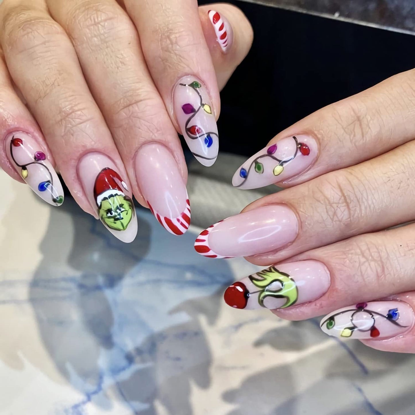 Christmas Fake Nails Short Square Petite Press on Nails Winter Xmas Acrylic Nails Full Cover False Nails with Green Monster Designs Cute Red Stick on Nails Gloss Artificial Nails for Women Manicure