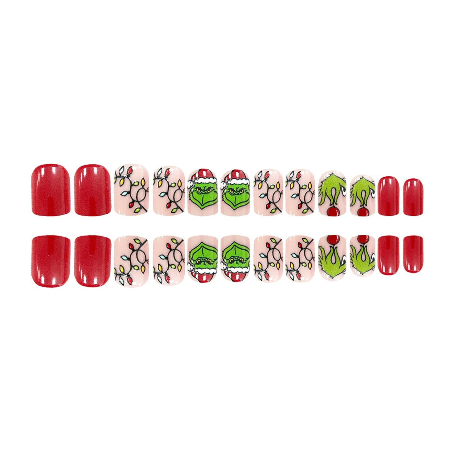 Christmas Fake Nails Short Square Petite Press on Nails Winter Xmas Acrylic Nails Full Cover False Nails with Green Monster Designs Cute Red Stick on Nails Gloss Artificial Nails for Women Manicure