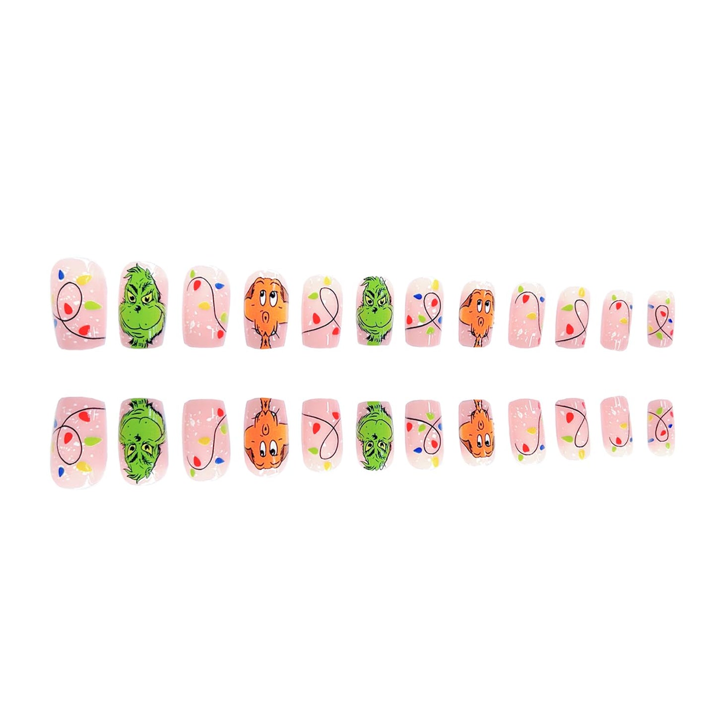 Christmas Fake Nails Short Square Petite Press on Nails Winter Xmas Acrylic Nails Full Cover False Nails with Green Monster Designs Cute Red Stick on Nails Gloss Artificial Nails for Women Manicure