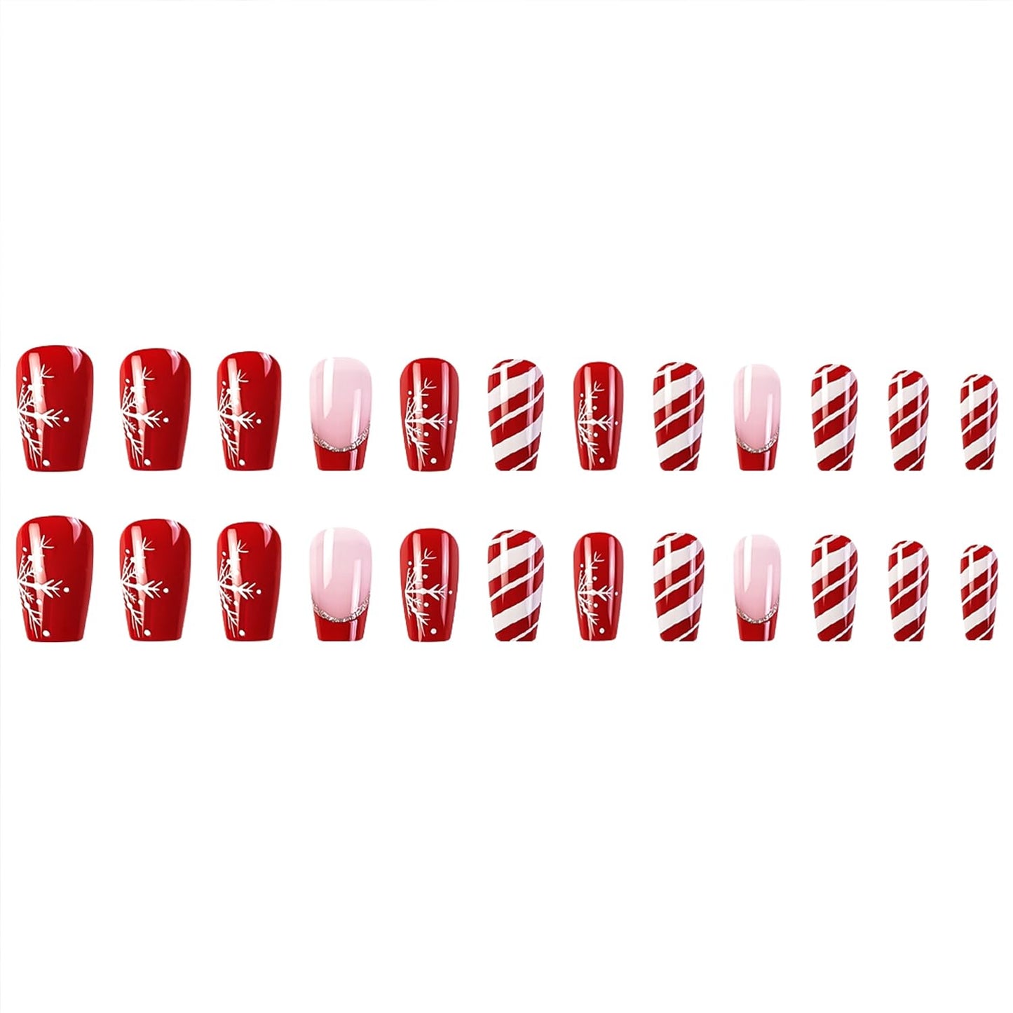 TULOBI Christmas Press on Nails Medium Coffin Fake Nails with Christmas Tree Designs Glitter Glue on Nails Xmas Design Green and Red Stripes Full Cover False Nails Artificial Acrylic Nails 24pcs