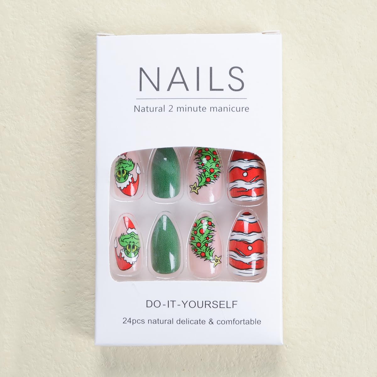 Christmas Fake Nails Short Square Petite Press on Nails Winter Xmas Acrylic Nails Full Cover False Nails with Green Monster Designs Cute Red Stick on Nails Gloss Artificial Nails for Women Manicure