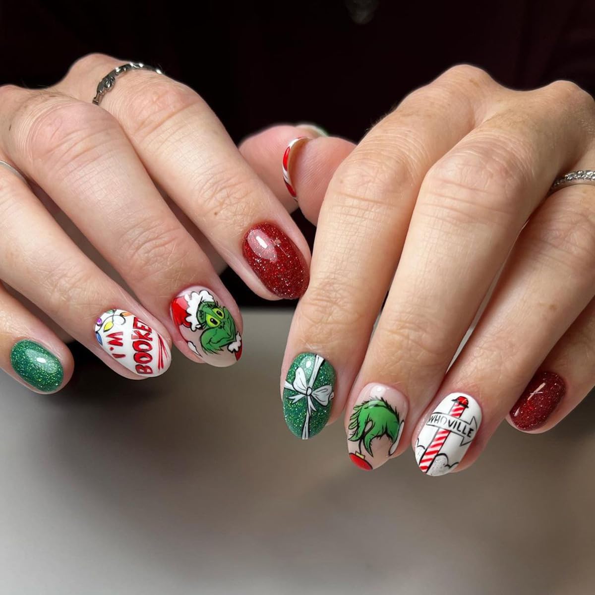 Christmas Fake Nails Short Square Petite Press on Nails Winter Xmas Acrylic Nails Full Cover False Nails with Green Monster Designs Cute Red Stick on Nails Gloss Artificial Nails for Women Manicure