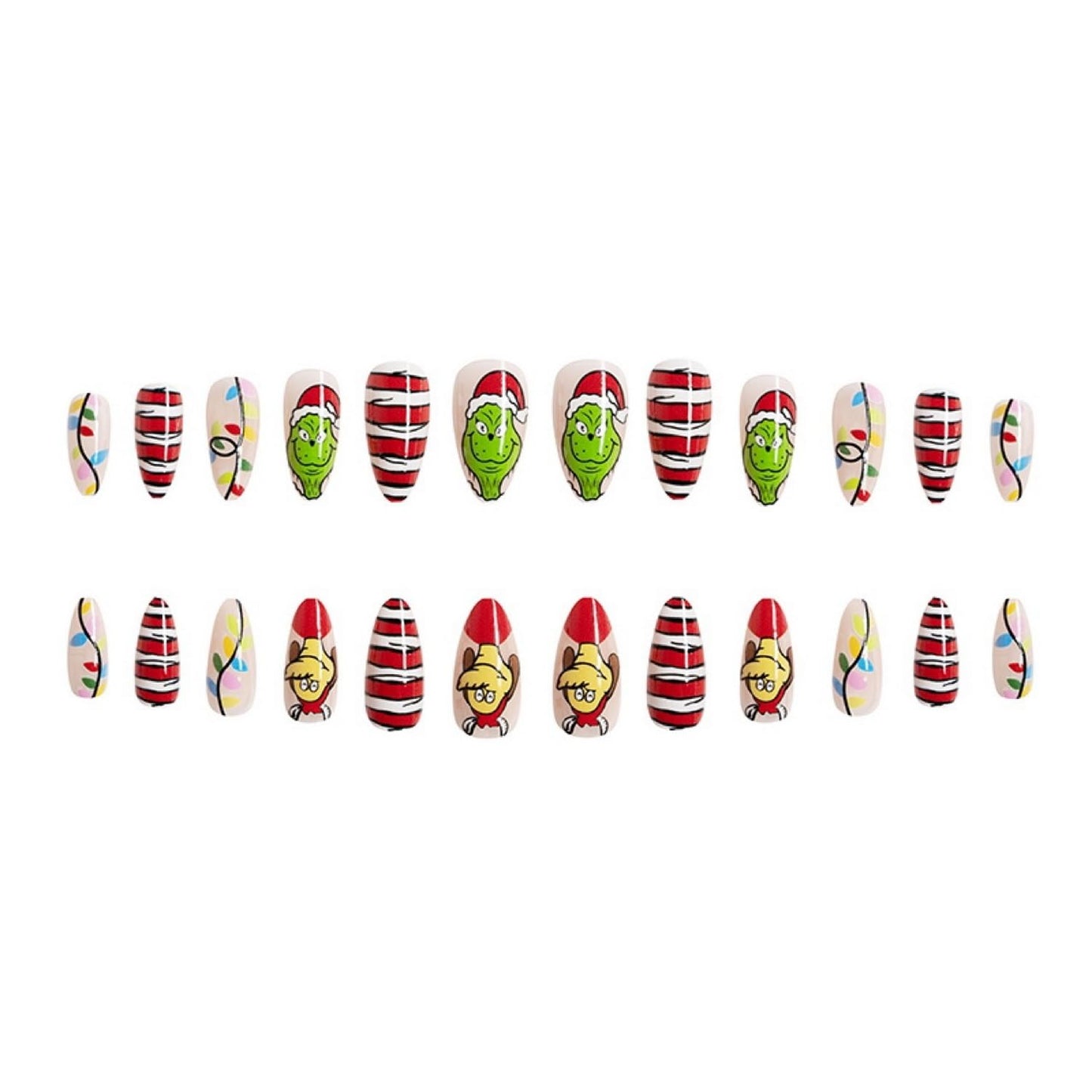 Christmas Fake Nails Short Square Petite Press on Nails Winter Xmas Acrylic Nails Full Cover False Nails with Green Monster Designs Cute Red Stick on Nails Gloss Artificial Nails for Women Manicure