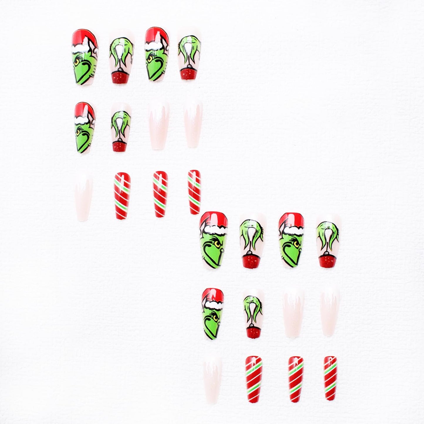 Christmas Fake Nails Short Square Petite Press on Nails Winter Xmas Acrylic Nails Full Cover False Nails with Green Monster Designs Cute Red Stick on Nails Gloss Artificial Nails for Women Manicure