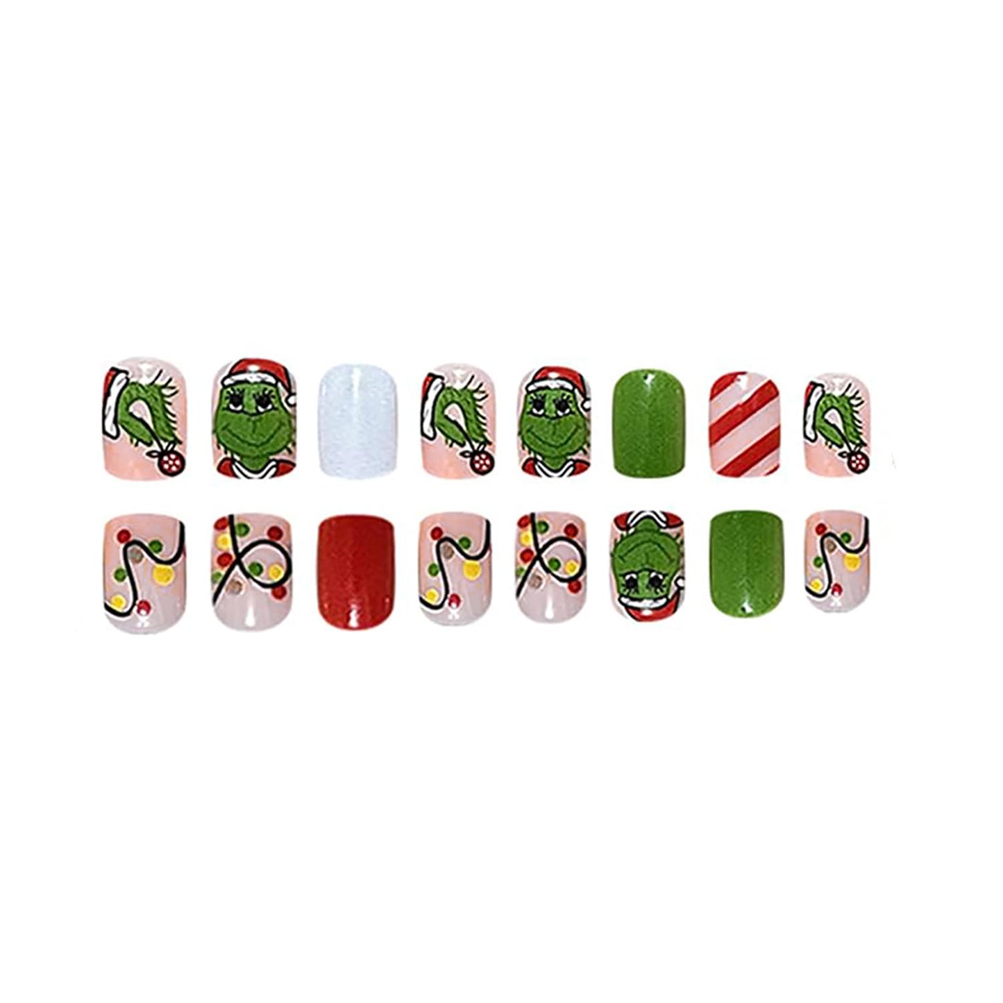 Christmas Fake Nails Short Square Petite Press on Nails Winter Xmas Acrylic Nails Full Cover False Nails with Green Monster Designs Cute Red Stick on Nails Gloss Artificial Nails for Women Manicure