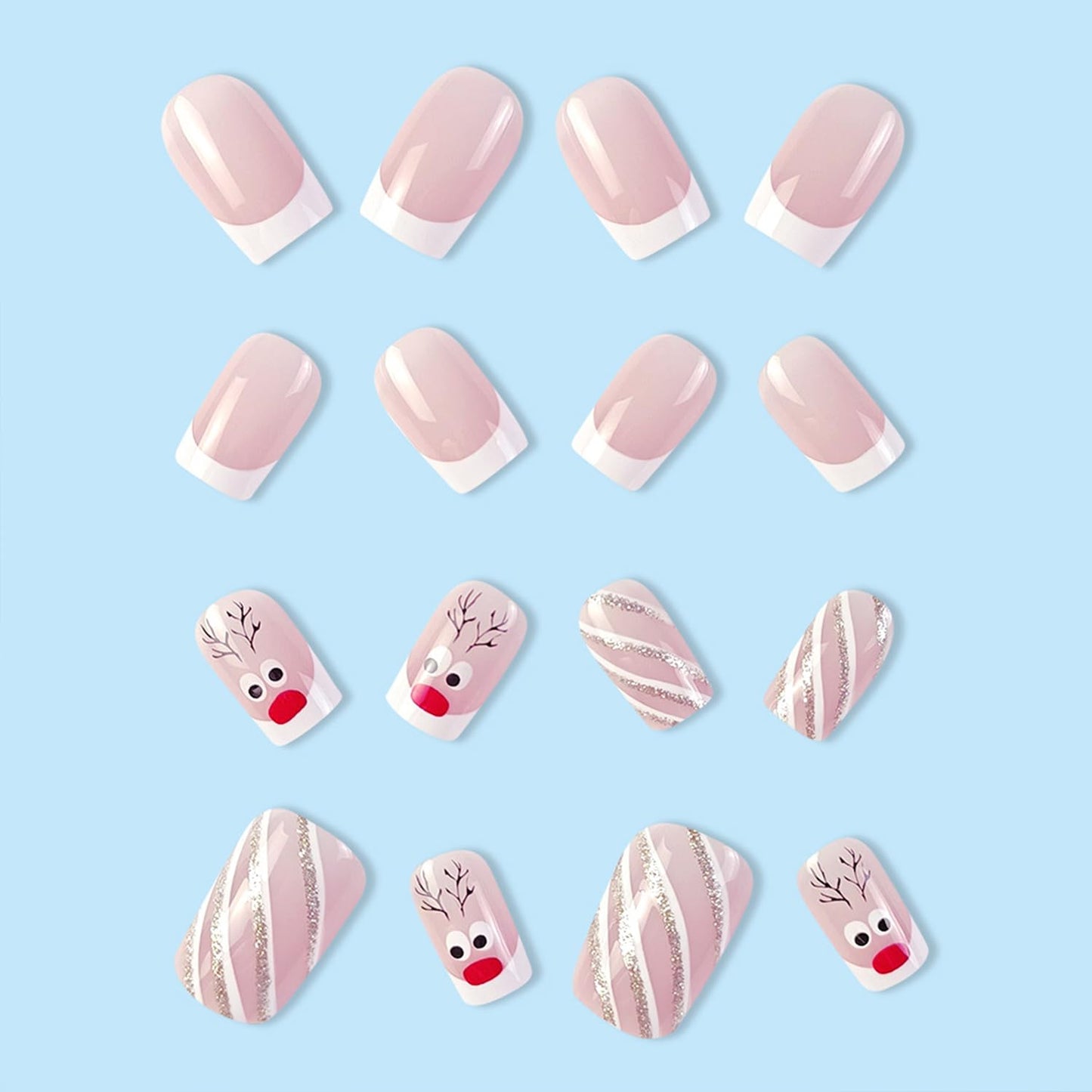 TULOBI Christmas Press on Nails Medium Coffin Fake Nails with Christmas Tree Designs Glitter Glue on Nails Xmas Design Green and Red Stripes Full Cover False Nails Artificial Acrylic Nails 24pcs