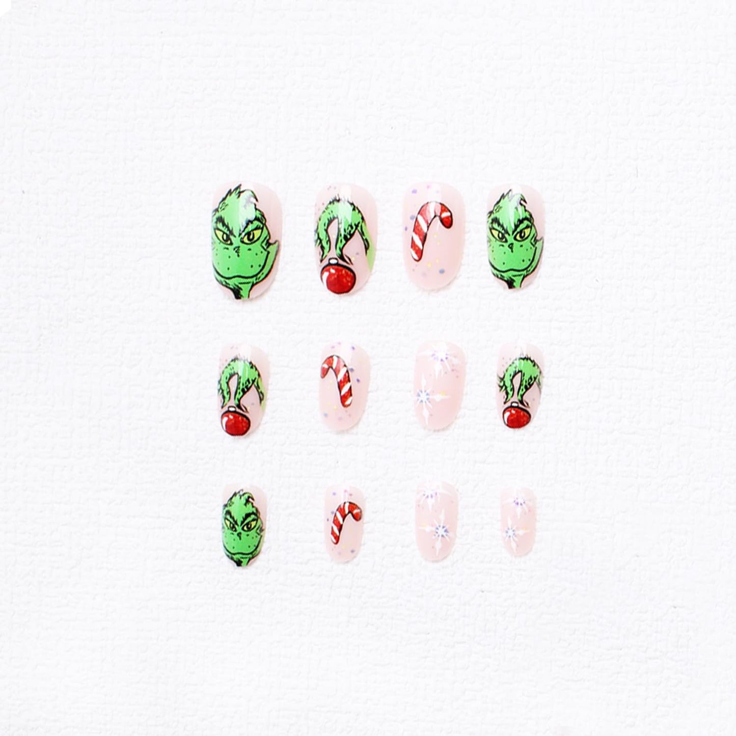 Christmas Fake Nails Short Square Petite Press on Nails Winter Xmas Acrylic Nails Full Cover False Nails with Green Monster Designs Cute Red Stick on Nails Gloss Artificial Nails for Women Manicure