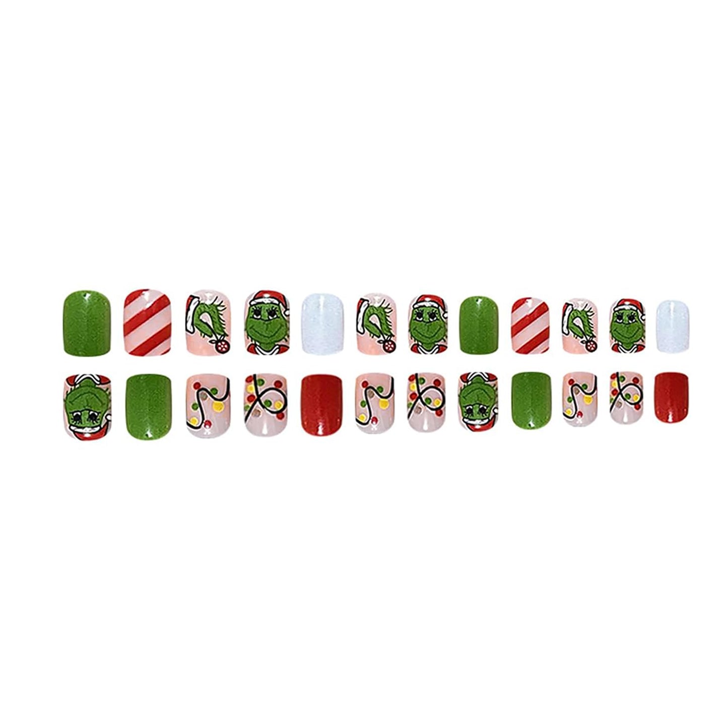 Christmas Fake Nails Short Square Petite Press on Nails Winter Xmas Acrylic Nails Full Cover False Nails with Green Monster Designs Cute Red Stick on Nails Gloss Artificial Nails for Women Manicure