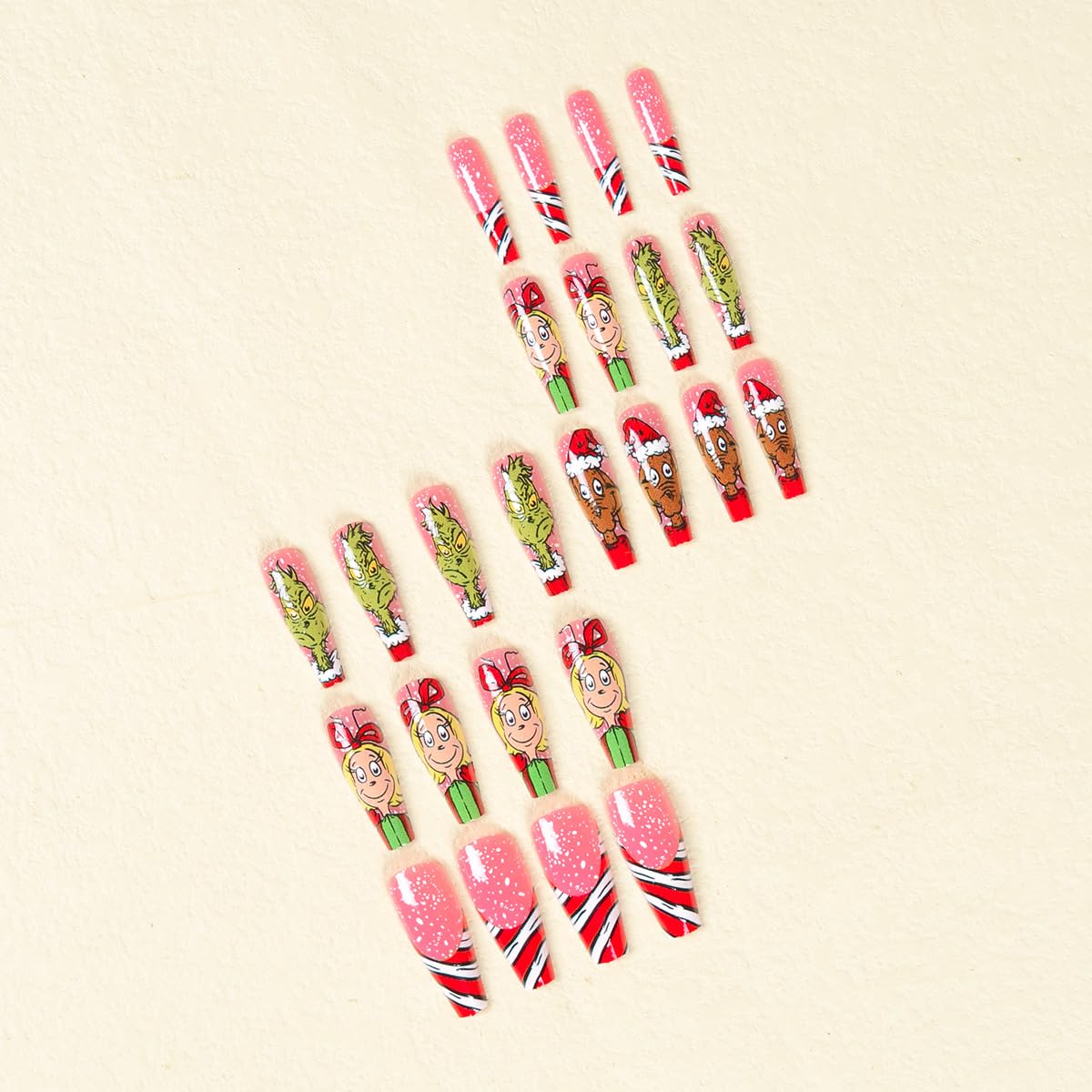 Christmas Fake Nails Short Square Petite Press on Nails Winter Xmas Acrylic Nails Full Cover False Nails with Green Monster Designs Cute Red Stick on Nails Gloss Artificial Nails for Women Manicure