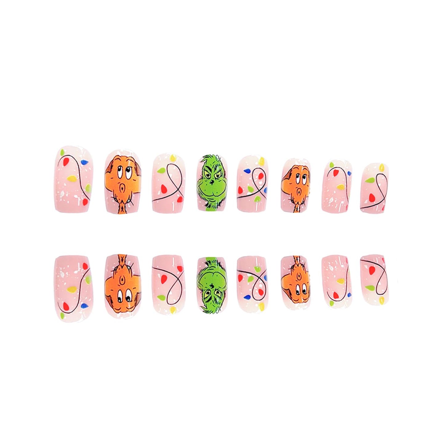 Christmas Fake Nails Short Square Petite Press on Nails Winter Xmas Acrylic Nails Full Cover False Nails with Green Monster Designs Cute Red Stick on Nails Gloss Artificial Nails for Women Manicure