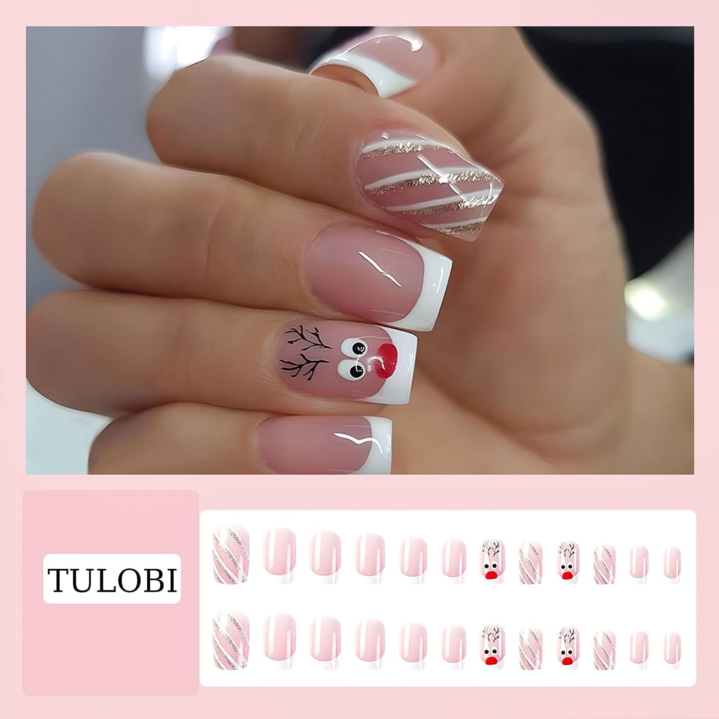 TULOBI Christmas Press on Nails Medium Coffin Fake Nails with Christmas Tree Designs Glitter Glue on Nails Xmas Design Green and Red Stripes Full Cover False Nails Artificial Acrylic Nails 24pcs